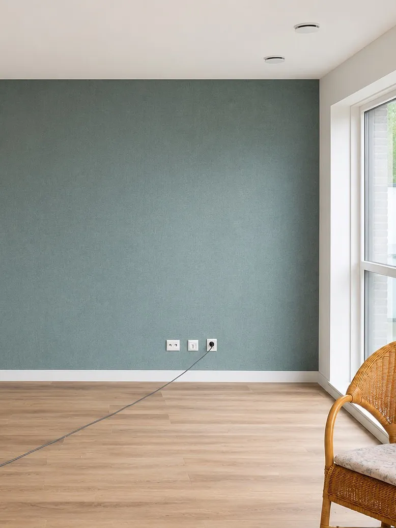 Kamerwand afgewerkt in een gedempt groenblauw, met witte plint en kozijn